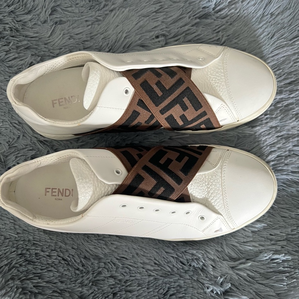 Fendi White Leather Sneakers with Brown FF Logo Elastic Band